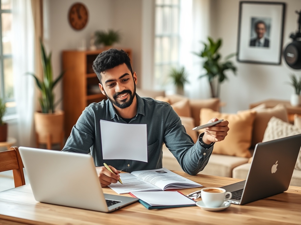 Молодой человек за столом с ноутбуками, изучает бумаги и улыбается, на фоне уютной комнаты.