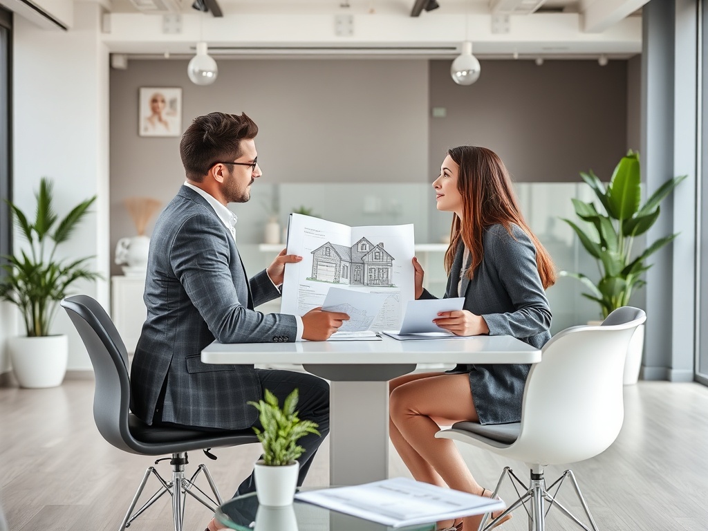 Два человека обсуждают архитектурные планы за столом в современном офисе с зелеными растениями.