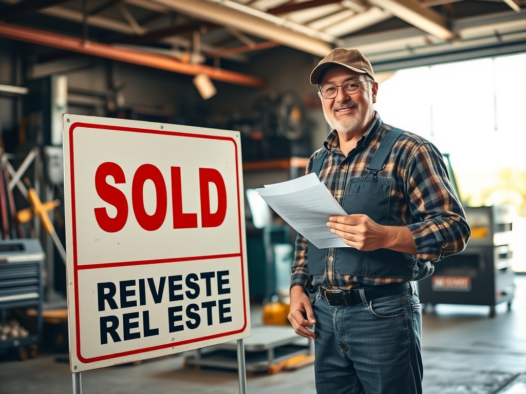 На картинке улыбается мужчина в рабочей одежде, рядом с табличкой "Продано" и документами в руках.