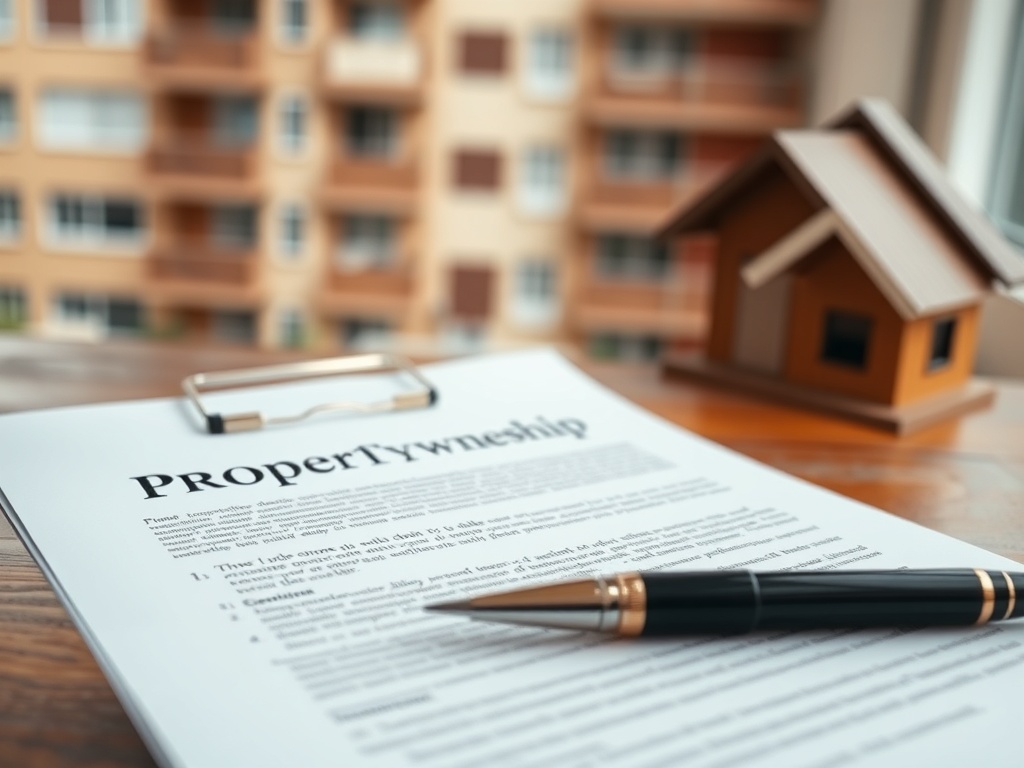 Документ о собственности и ручка на деревянном столе, на фоне окна с видом на многоквартирный дом.