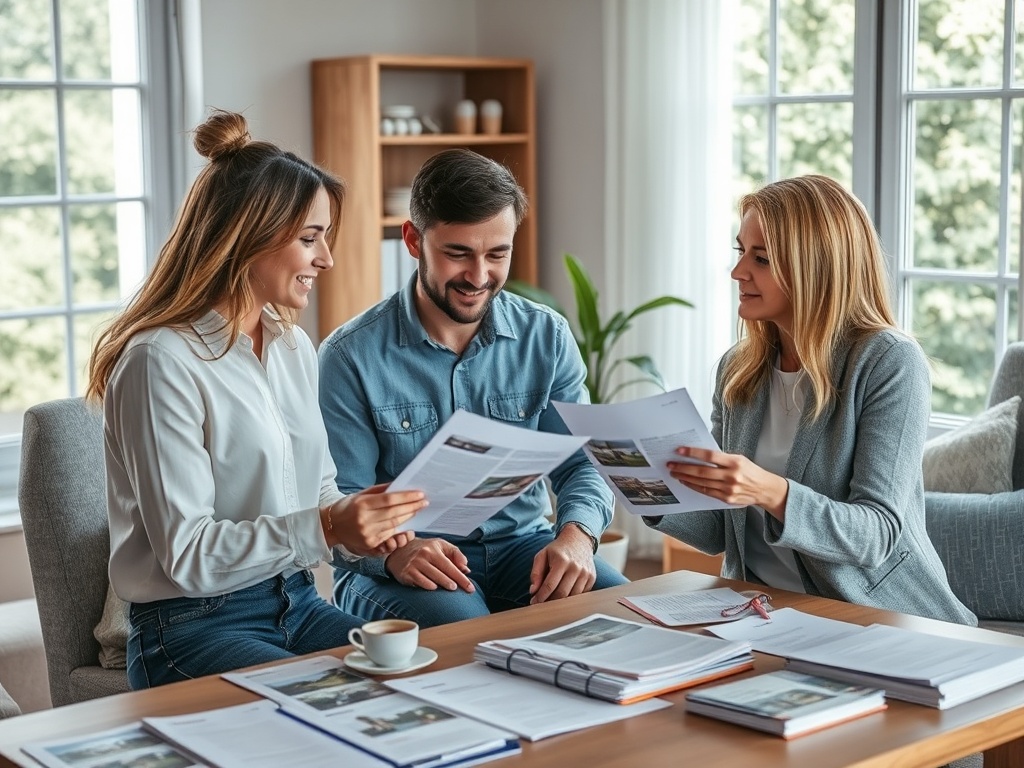 Трое людей обсуждают документы за столом в светлой комнате, наслаждаясь общением и чашкой кофе.