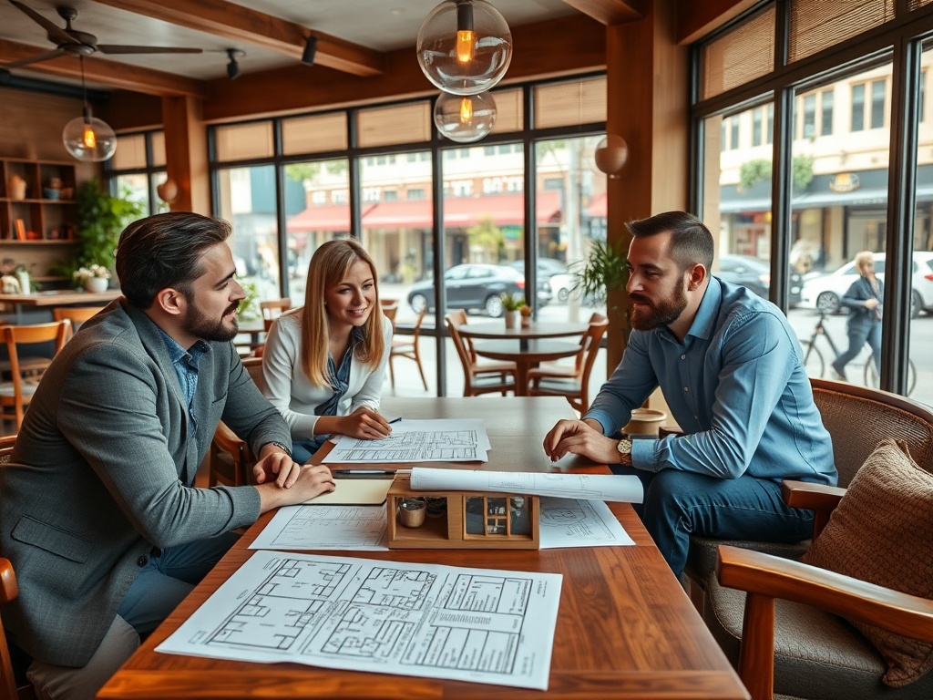 Трое людей обсуждают проекты в уютном кафе, сидя за столом с чертежами и напитками.