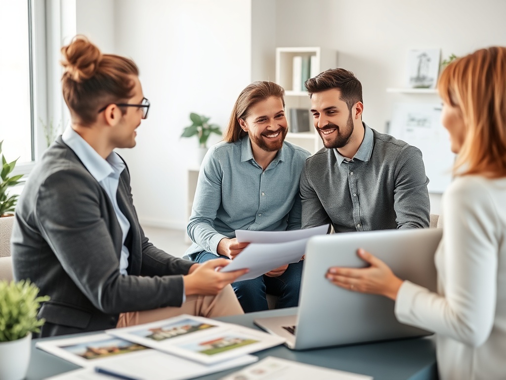 Четыре человека ведут обсуждение за столом с ноутбуком и документами в современном офисе.