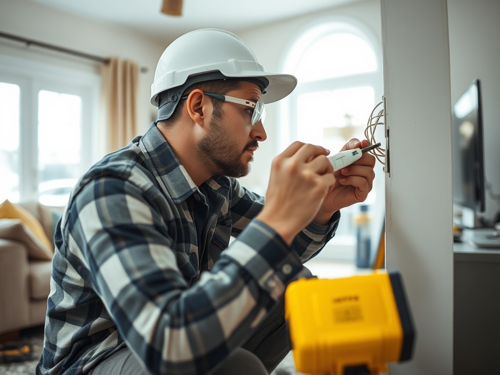 Мужчина в каске и очках работает с проводкой на стене в светлом помещении. Рядом трудится инструмент.