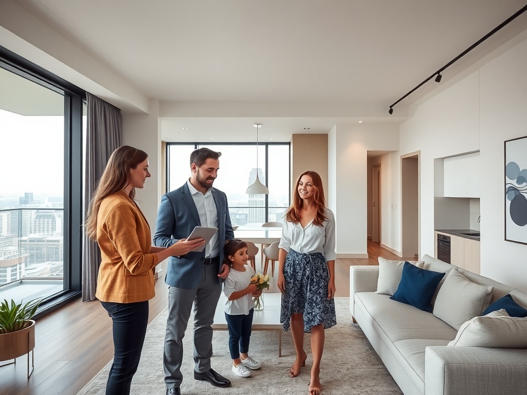 Семья осматривает современную квартиру с большими окнами и стильной мебелью, общаясь с консультантом.