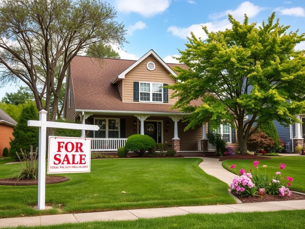 На изображении дом с табличкой "Продаётся", окружённый зелёным газоном и цветами.