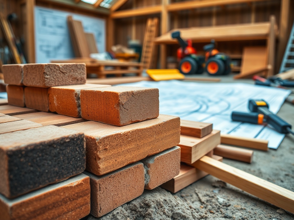 На переднем плане — кирпичи и деревянные материалы, за ними планы и строительные инструменты в мастерской.