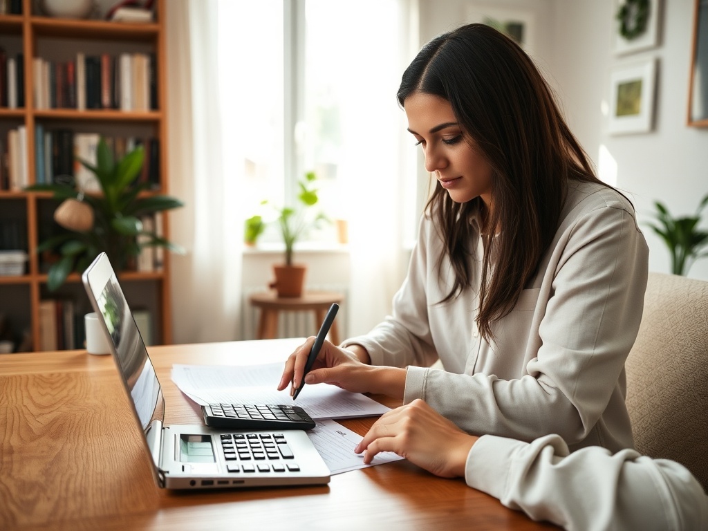 Женщина работает за столом с ноутбуком и калькулятором, записывая данные на бумаге. За окном зеленые растения.