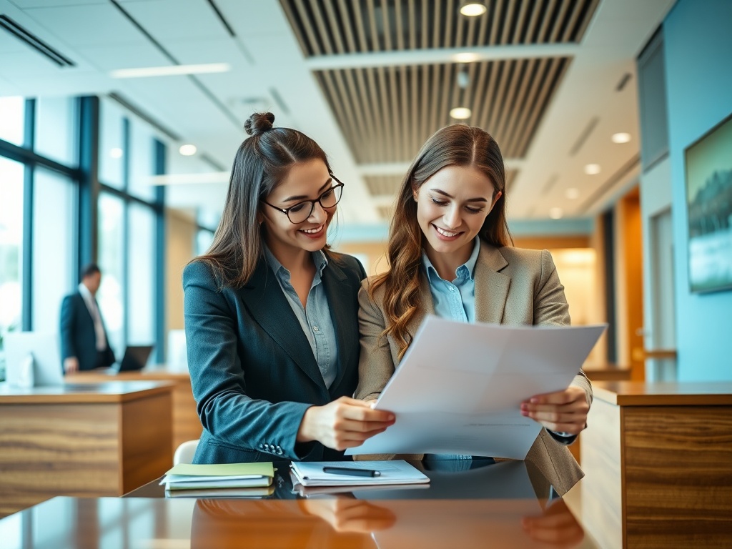 Две женщины в офисе улыбаются и обсуждают документы, сидя за столом. В фоновом режиме виден мужчина.