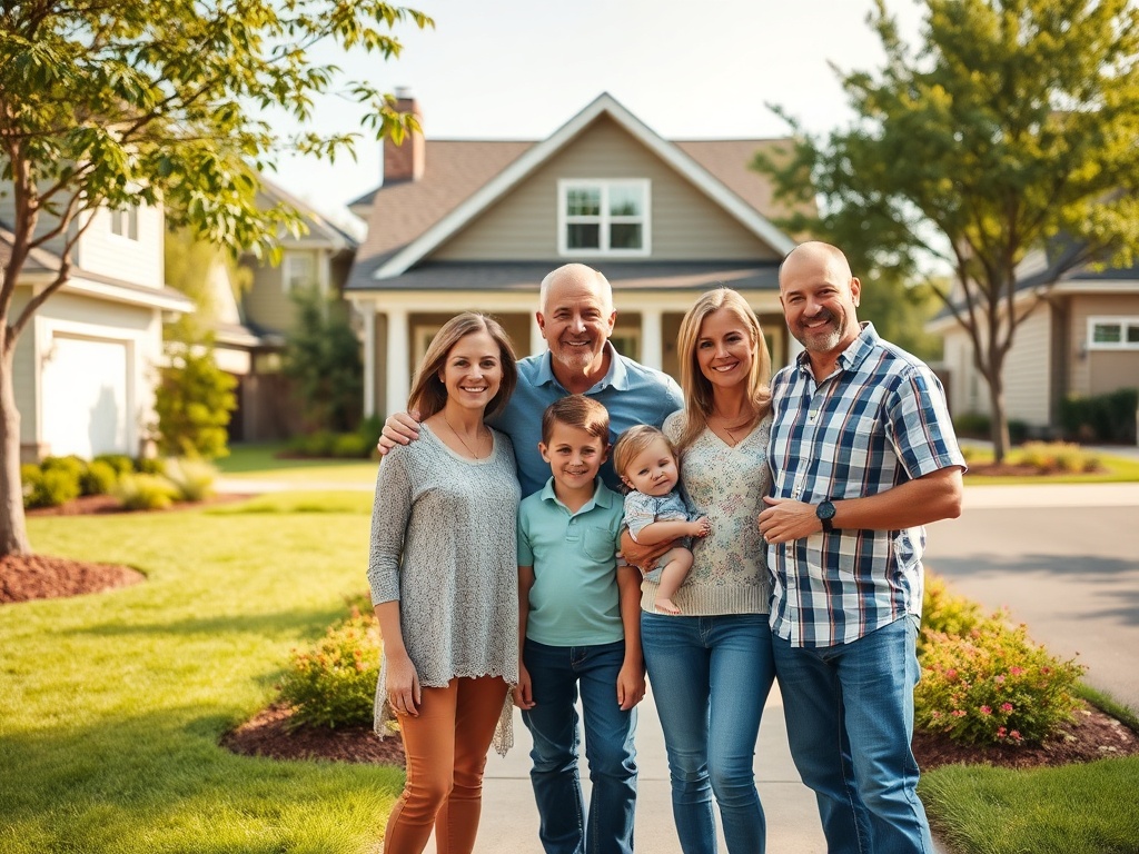 Счастливая семья из пяти человек на фоне дома и зелени. Все улыбаются и стоят близко друг к другу.